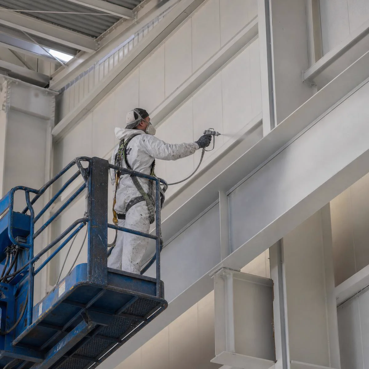 Warehouse painting contractor using aerial lift in a South Florida industrial building